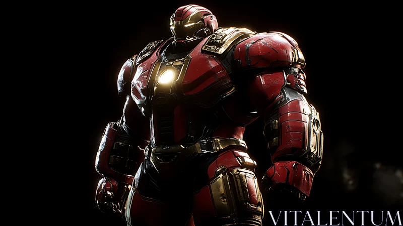 Armored red mech warrior under dramatic rim lighting.