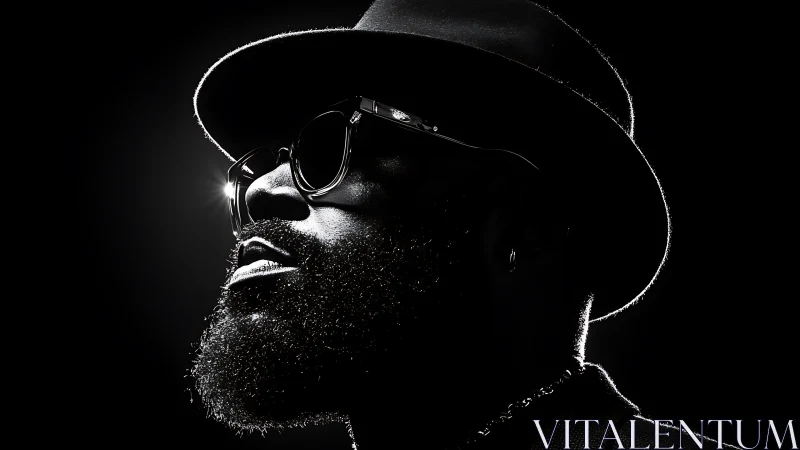 Silhouetted bearded man in hat under dramatic rim light.