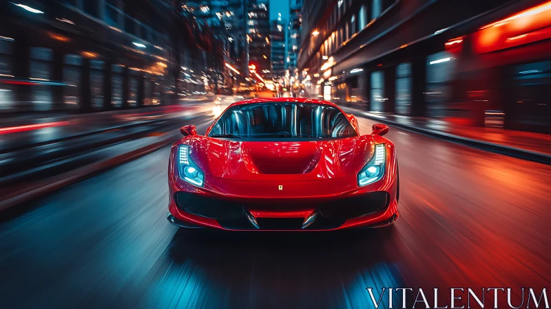 Red supercar cuts through neon city street at high speed