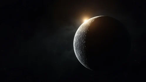 Crescent rocky planet in space with distant rising star.
