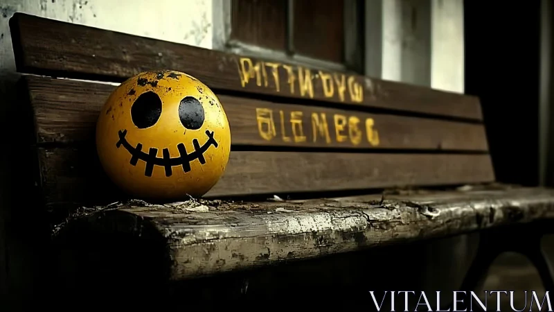 Weathered bench holds scuffed yellow ball with stitched smile face