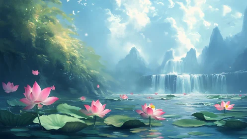 Lotus-filled mountain lake with cascading multi-tiered waterfalls