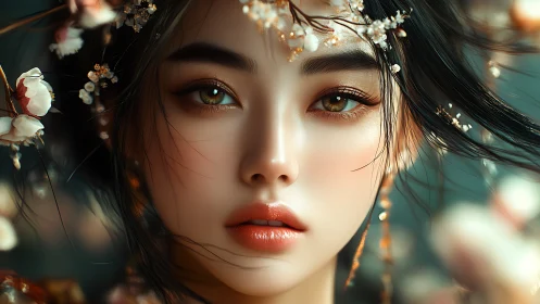 Ethereal floral portrait of woman with luminous hazel eyes.