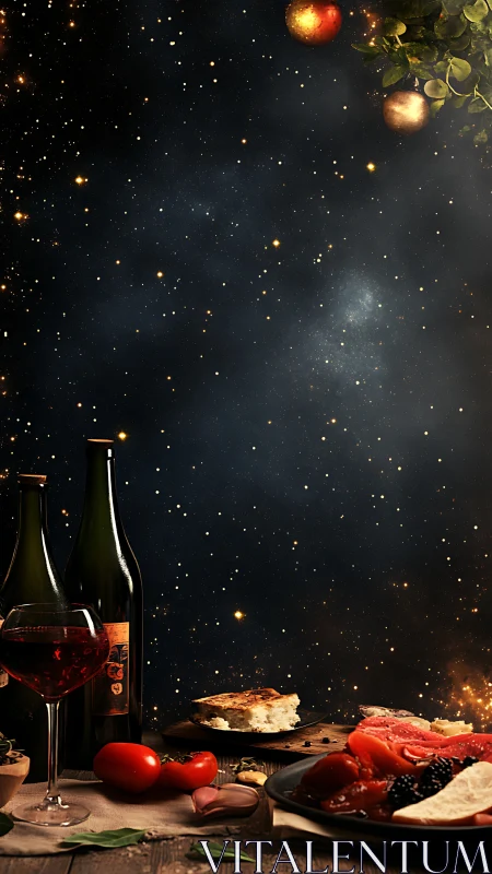 Cosmic holiday dinner scene with wine, antipasti, and stars.