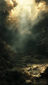Light shaft descends into rocky cavernous landscape