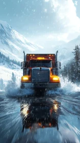 Red semi truck on wet winter road in mountain landscape.