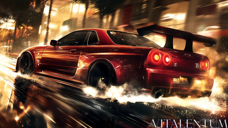 Street racer drifts through neon city rain at high speed.