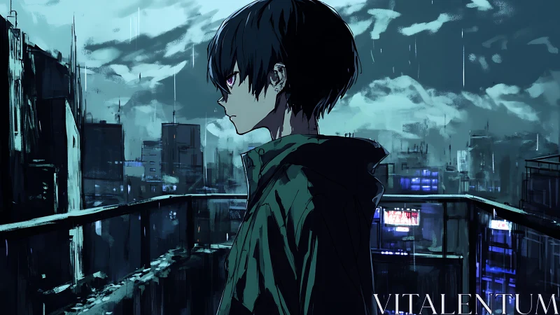 Solitary rooftop watcher in neon-drenched midnight rainstorm.