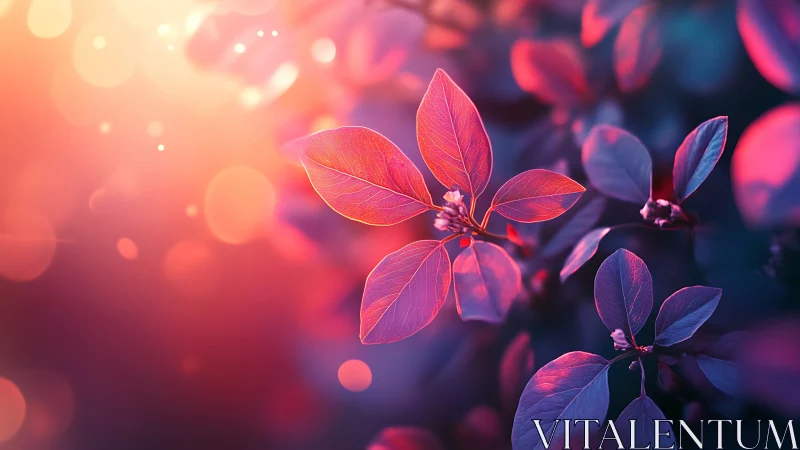 Neon leaves glow under soft bokeh sunset light.