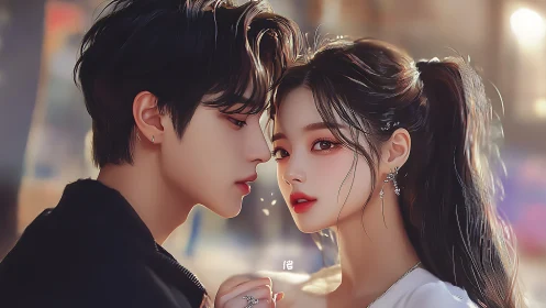 Two souls share an intimate, tender moment under golden city lights.