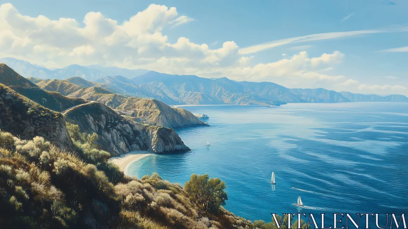 Sunlit coastal cliffs overlook calm blue sailing waters.
