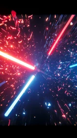 Dual energy blades collide amid explosive neon particles.