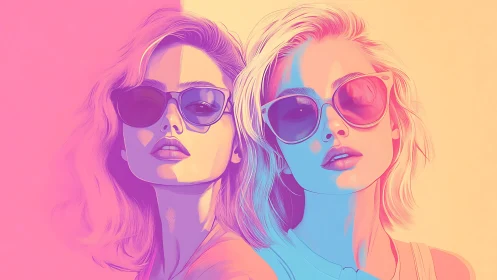 Dual chromatic portrait of stylized women in vector gradients.