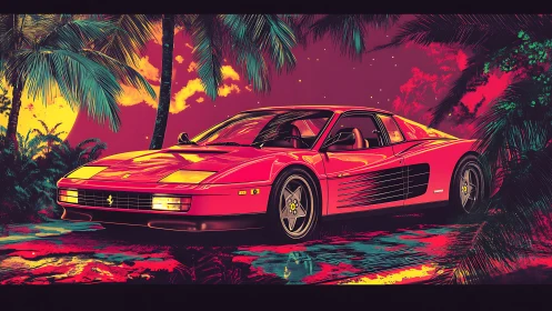 Red sports coupe amid stylized tropical palm landscape.