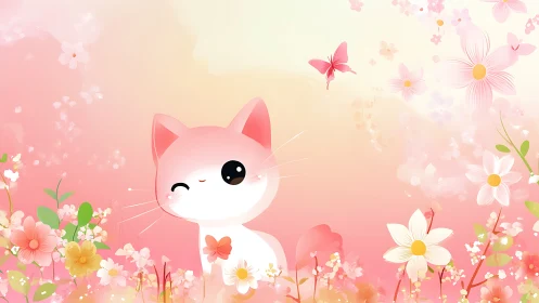 Stylized feline character rendered among floral elements in pastel tones.