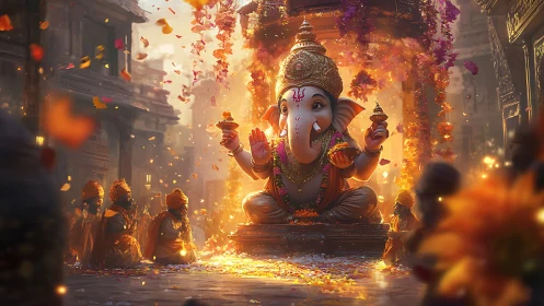 Ganesh idol in vivid street shrine with flower offerings.