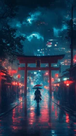 Midnight ronin threads neon rain beneath a towering torii