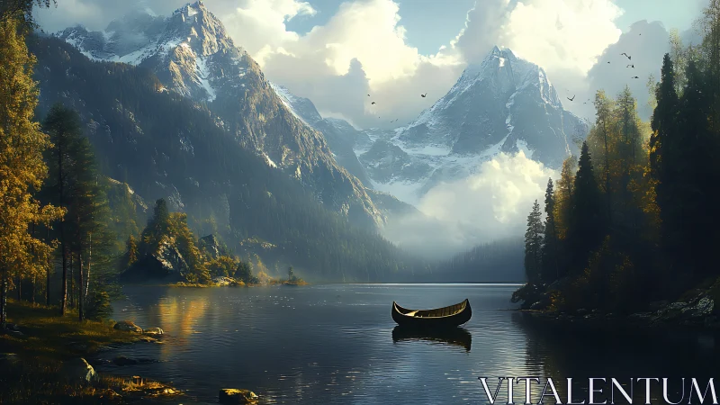 Golden canoe on alpine lake with snow-capped mountain peaks