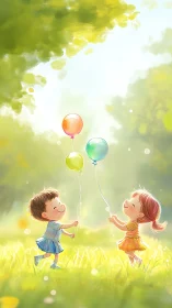 Children Playing with Balloons in Sunlit Meadow