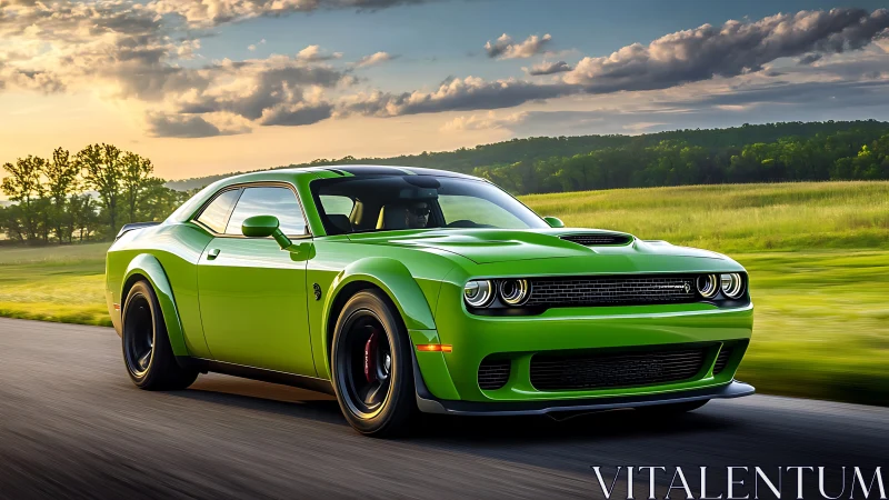 Lime green widebody muscle car in motion on rural highway at dusk