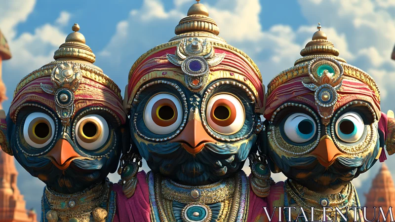 Joyful owl deities gaze ahead in ornate festival regalia
