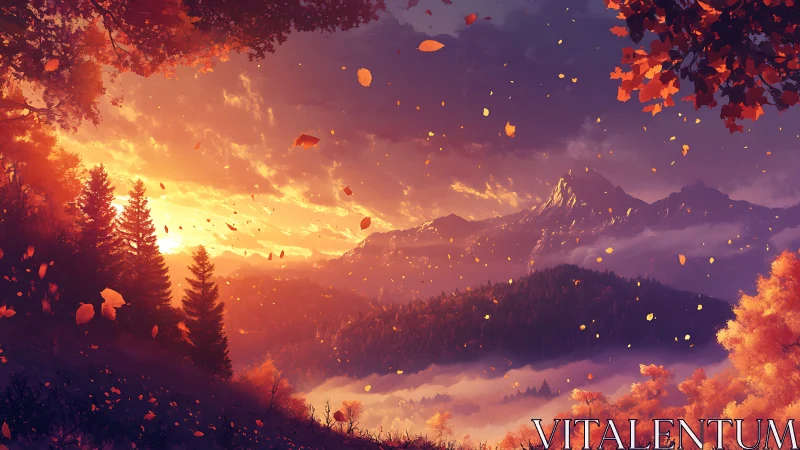 Sunlit autumn mountains glow beneath drifting golden leaves.