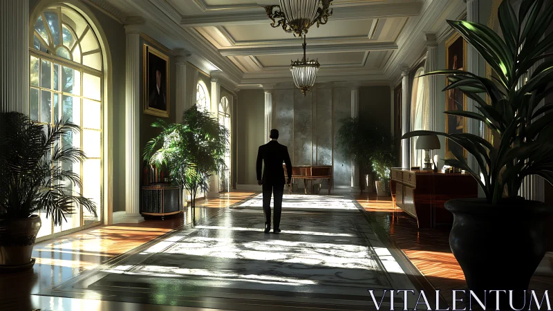Sunlit mansion corridor with a lone reflective figure walking.