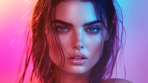 Bicolor neon portrait with hyperreal wet-skin specular mapping.