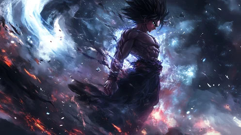 Dynamic anime warrior amid turbulent cosmic energy field.