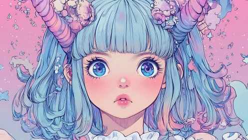 Pastel horned girl portrait in stylized kawaii anime rendering.