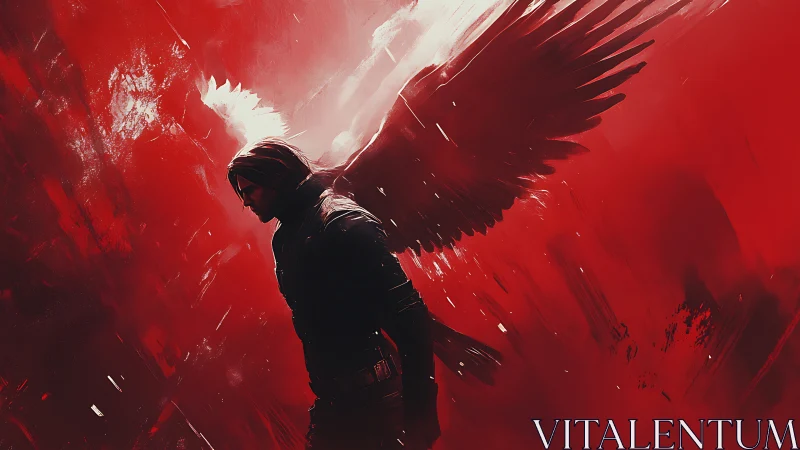 Fallen winged warrior walks through a storm of crimson light