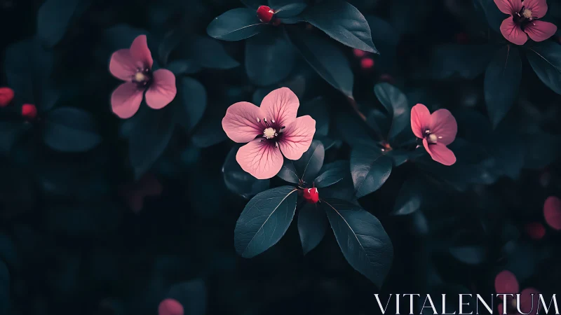 Pink Four-Petaled Flowers with Teal Foliage in Moody Backdrop.
