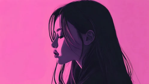 Profile portrait shows stylized woman against pink background