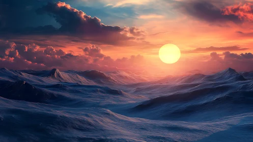 Digital seascape sunset over stylized rolling waves.