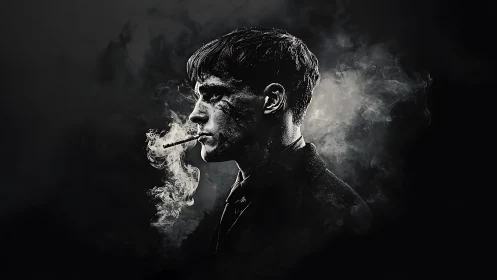 Smoke-wreathed profile of brooding man in noir silhouette.