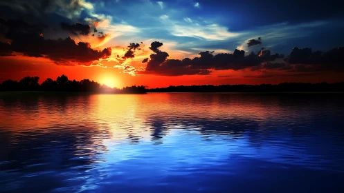 High-saturation sunset sky over rippled reflective lake horizon