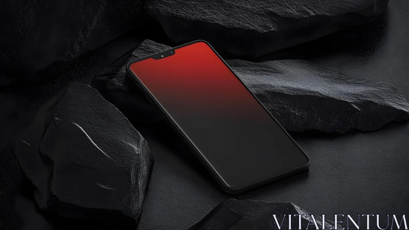 Modern smartphone with red gradient screen on black rocks, sleek style.