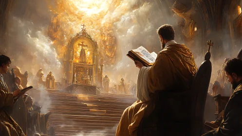 Priests read illuminated texts before radiant golden altar
