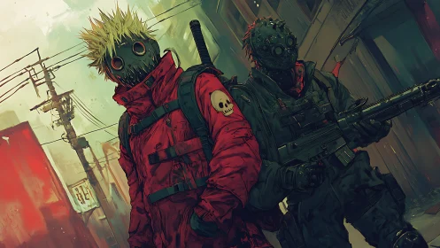 Masked street enforcers stalk a dystopian urban alleyway.