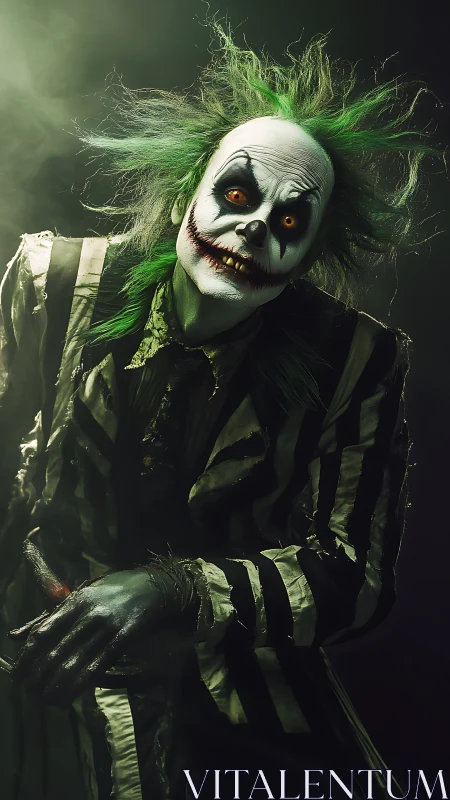 Playfully sinister striped ghost in eerie green mist.