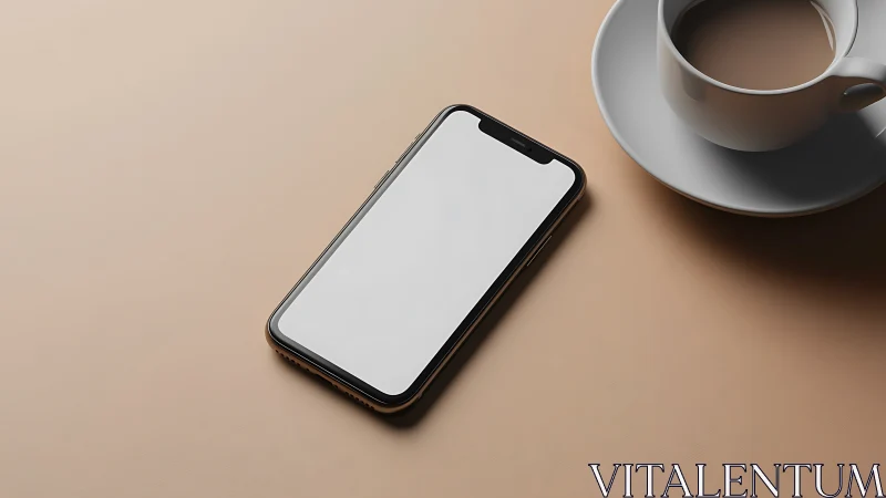 Modern Smartphone with Blank Display and Espresso Cup on Warm Beige Surface
