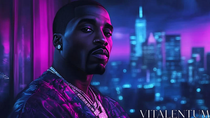 Neon-lit portrait of urban man against blurred city skyline.