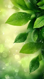 Green leaves with water droplets arranged against blurred light