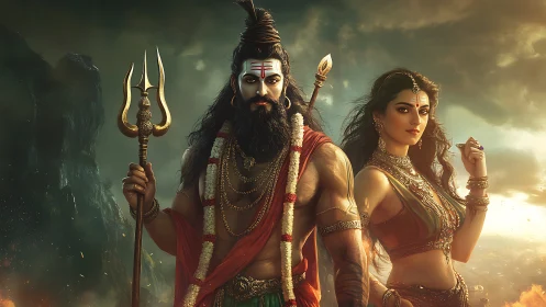 Divine warrior couple stand before storm-lit sacred cliffs