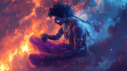 Ember crowned mystic meditates between warring blue clouds