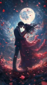 Lovers Beneath Full Moon in Fiery Cosmic Night.