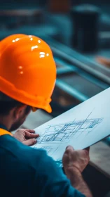 Engineer Reviewing Blueprints with Bright Orange Hard Hat On Site
