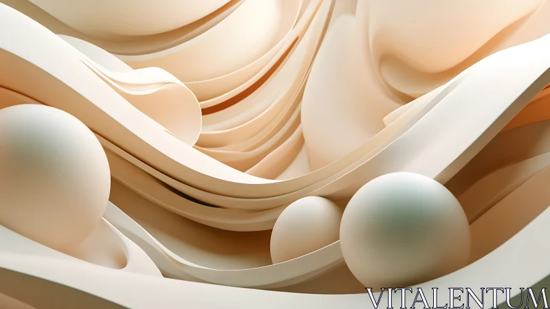 Layered abstract geometry with smooth spheres in cream tones.