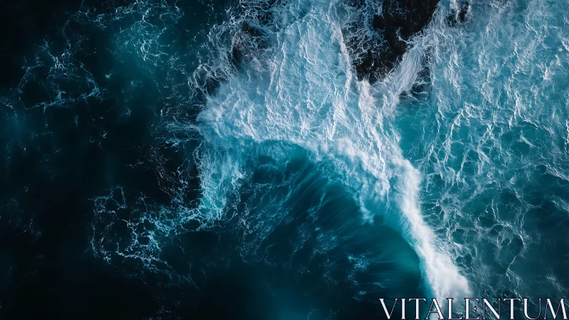 Turbulent teal surf collides with ink-dark open water.