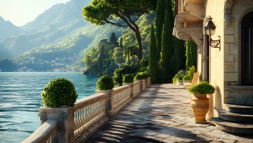 Lakeside Italian villa terrace with sunlit stone promenade.